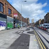 Cycle lane on Leith Walk, full of twists and turns.
