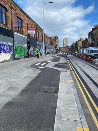 Cycle lane on Leith Walk, full of twists and turns.