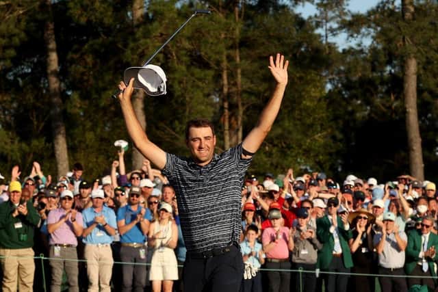 Scottie Scheffler celebrates on the 18th green after winning The Masters at Augusta National in April. Picture: Jamie Squire/Getty Images.