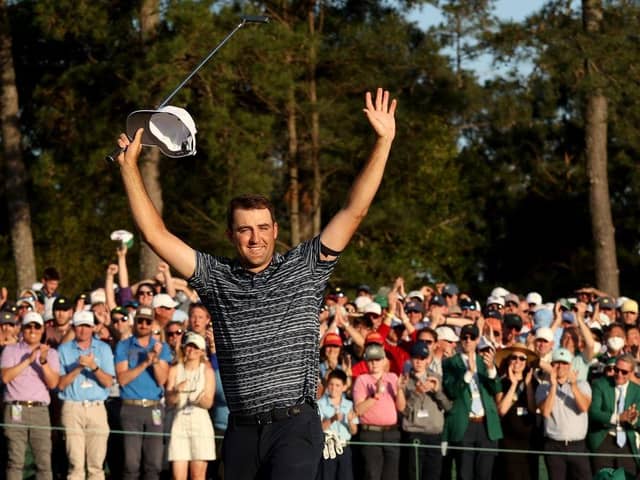 Scottie Scheffler celebrates on the 18th green after winning The Masters at Augusta National in April. Picture: Jamie Squire/Getty Images.