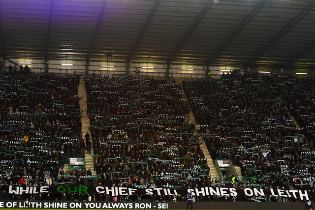 Fans display a banner as they sing 'Sunshine on Leith'