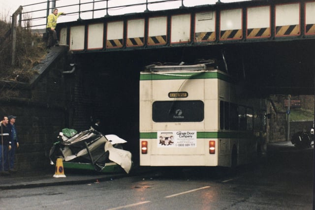 Bus smash at Russell Street, Edinburgh.A  SMT double decker with Hearts fans on board crashed into the low railway bridge. Photo taken on 16/3/96.