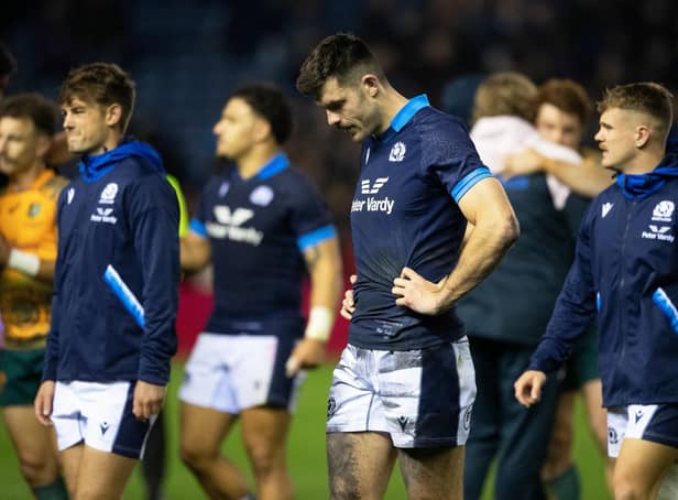 Scotland stand-off Blair Kinghorn is dejected after missing a late penalty during an Autumn Nations Series match against Australia. Picture: Ross Parker / SNS