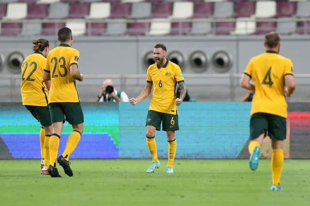 Martin Boyle of Australia celebrates after scoring their team's second goal during the 2022 FIFA World Cup Qualifier match between Australia and China PR at Khalifa International Stadium on September 02, 2021 in Doha, Qatar. (Photo by Mohamed Farag/Getty Images)