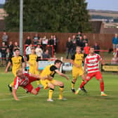 Bonnyrigg Rose striker Kieran McGachie heads over the bar in one of many chances not taken by the home team. Picture: Joe Gilhooley LRPS