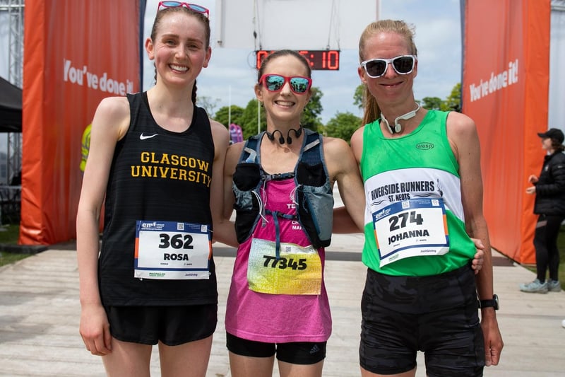 The fastest three women in the Edinburgh Marathon: Jemima Farley  (02:39:38),  Johanna Oregan  (02:42:50),  and Rosa Donaldson  (02:44:34)