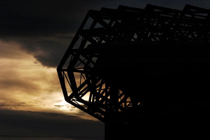 Exterior of Murrayfield Stadium at dusk.