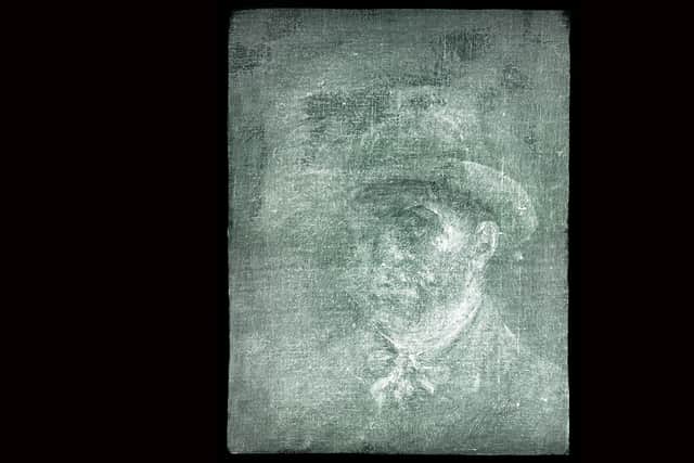 The x-ray of the hidden Van Gogh self-portrait, which was found on the back of a canvas of his oil painting Head of a Peasant Woman, where it was concealed under layers of cardboard and glue. PIC: NGS.
