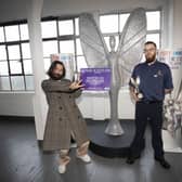 Jamie Newlands (right) who was honoured at the inaugural Pride of Scotland Awards, and was presented his award by Simon Neil from Biffy Clyro (left) at Broadscope Studios Glasgow.
