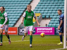 Hibs youngster Josh Doig celebrates his first senior goal for the club as the Easter Road side beat 10-man Hamilton. Photo by Craig Williamson / SNS Group