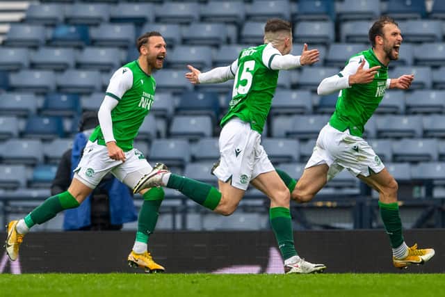 Hibs' trio Martin Boyle, Kevin Nisbet and Christian Doidge were in devastating form once again as the Leith side moved into the Scottish Cup final. Photo by Ross Parker / SNS Group