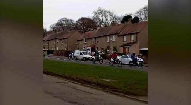 Dirt bikes on the streets of Edinburgh. Several bikers were caught on camera riding down Drumbrae Drive, Clermiston