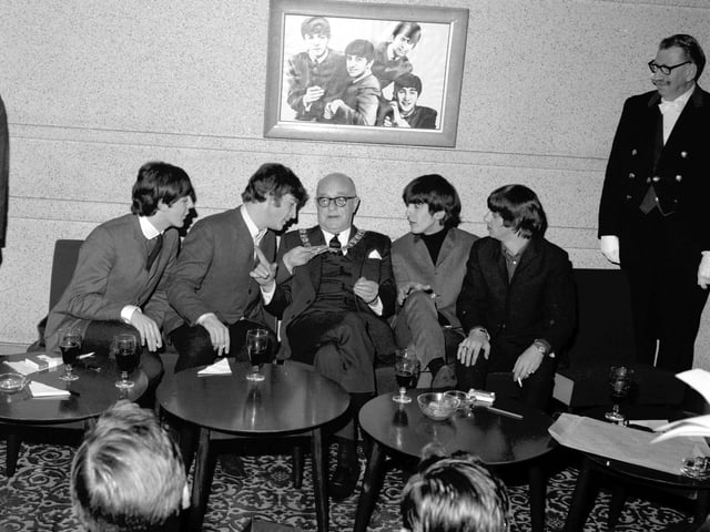Lord Provost Duncan Weatherstone with the Beatles before their show at the ABC cinema (now an Odeon) in Edinburgh in April 1964. L-R: Ringo Starr, John Lennon, Paul McCartney, George Harrison.