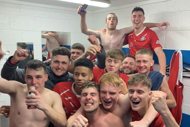 Brydon, second from right in the front row, celebrates Civil Service Strollers' Scottish Cup victory over Cowdenbeath last season. Picture: Civil Service Strollers