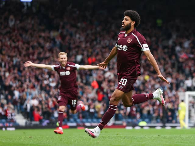 Ellis Simms celebrates after scoring against Hibs in Hearts' Scottish Cup semi-final victory at Hampden. Picture: SNS