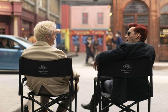 Michael Sheen and David Tennant on the set of Good Omens 2.