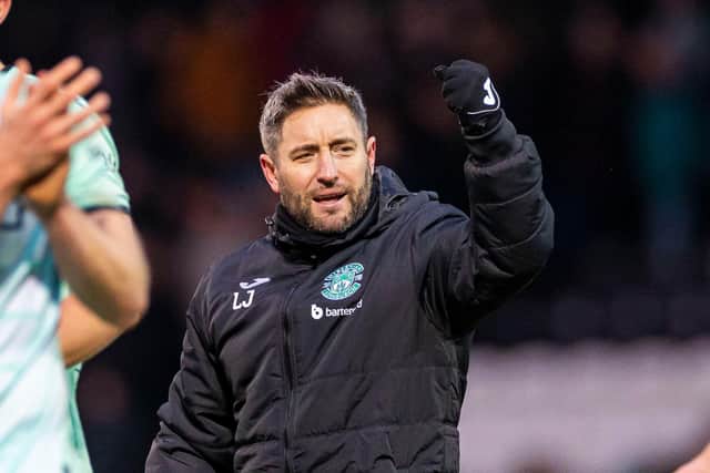 Hibs manager Lee Johnson celebrates at full-time. Picture: Roddy Scott / SNS