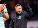 Hibs manager Lee Johnson celebrates at full-time. Picture: Roddy Scott / SNS
