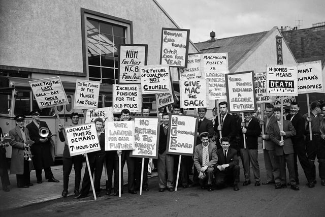 Lochgelly youths display the placards they carried in the May Day procession in Edinburgh in 1959.