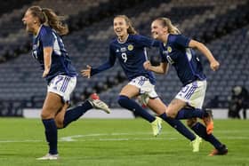 Scotland's Abi Harrison celebrates after making it 1-0 in the World Cup first round play-off against Austria at Hampden Park. Picture: Alan Harvey / SNS