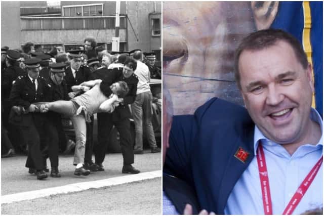 Police and miners clashing during the 1984-85 minersstrike and Neil Findlay campaigning in 2018.