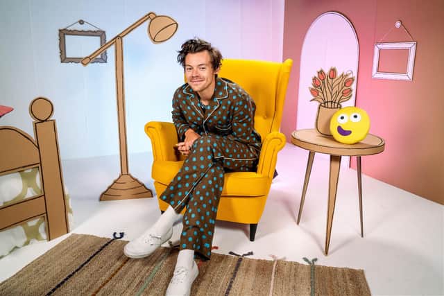 Harry Styles wears blue and brown spotted pyjamas during his CBeebies Bedtime Stories appearance.