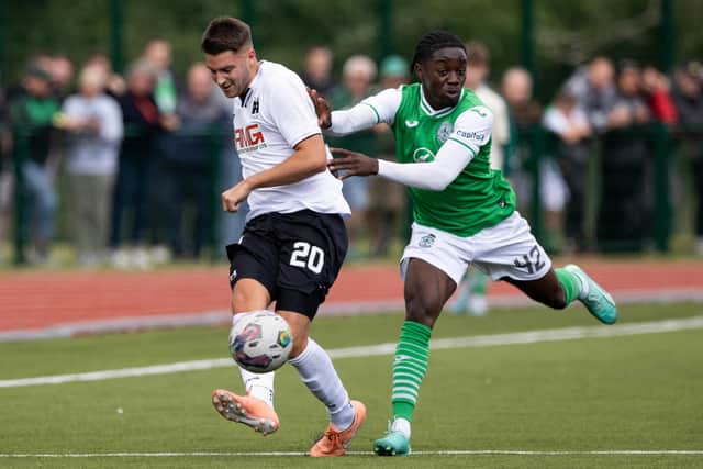 Megwa keeps a close eye on former Hibs academy player Ben Stirling during the Easter Road side's 4-2 victory over Edinburgh City earlier this month. Picture: Craig Williamson/SNS Group