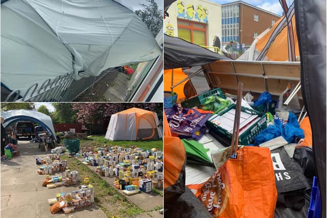 The tents used to store vital food parcels were trashed. Picture: Magdalene CC