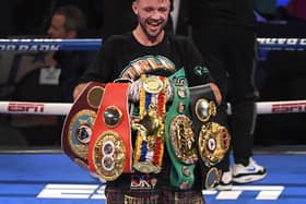 Josh Taylor poses with his title belts after his win by unanimous decision over Jose Ramirez. The five belts are from the WBO, WBA, IBF and WBC and The Ring magazine.  Picture: David Becker/Getty Images