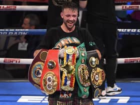 Josh Taylor poses with his title belts after his win by unanimous decision over Jose Ramirez. The five belts are from the WBO, WBA, IBF and WBC and The Ring magazine.  Picture: David Becker/Getty Images