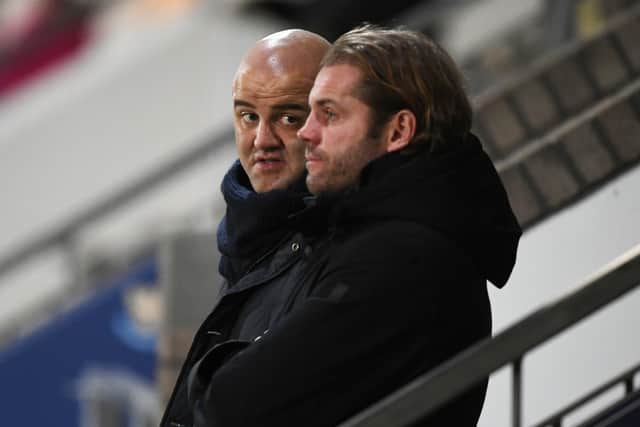 Hearts sporting director Joe Savage with manager Robbie Neilson.