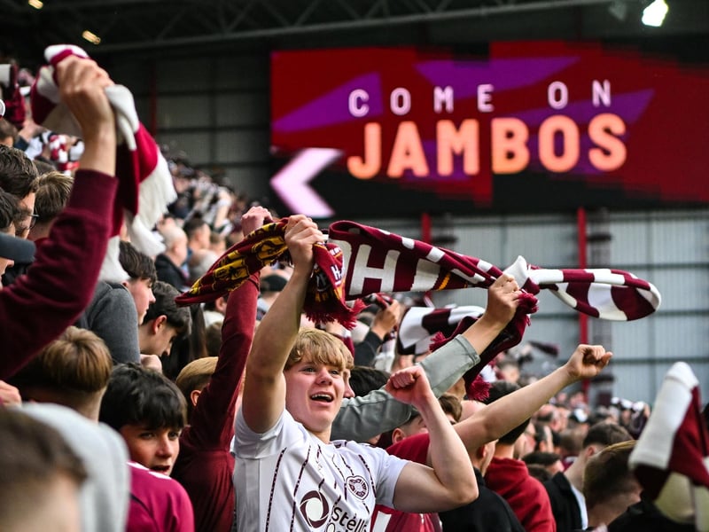 Hearts fans celebrate their team's first goal of the game (Photo by ANDY BUCHANAN / AFP via Getty Images)