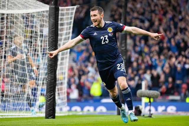Anthony Ralston celebrates after making it 1-0 to Scotland in their Nations League victory over Armenia. Picture: SNS