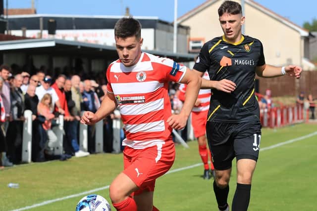 Josh Grigor, one of Bonnyrigg's three summer signings, in action against Albion Rovers on Saturday at New Dundas Park. Picture: Joe Gilhooley LRPS.