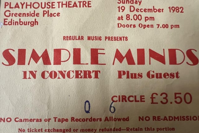 Viv Haig sent in this ticket stub from the concert by Scottish rockers Simple Minds at the Playhouse in 1982.