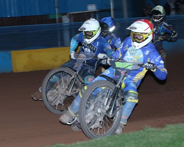 Josh Pickering leads one of his final races for the Edinburgh Monarchs. PIcture: Jack Cupido.