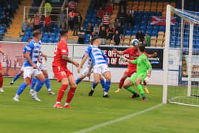 Kevin Smith opens the scoring for Bonnyrigg Rose away to Greenock Morton with a header at the back post. Picture: Joe Gilhooley LRPS