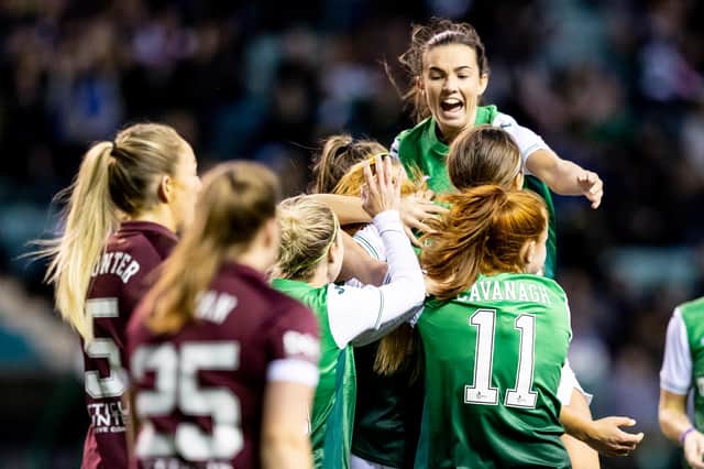 Hibs Women celebrate a goal against Hearts during the SWPL Edinburgh derby at Easter Road in September. Picture: Alan Rennie
