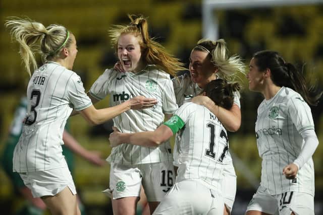 Elis Notley celebrates a 92nd minute equaliser to give Hibernian a deserved 1-1 draw against Celtic in SWPL1 at the Tony Macaroni Arena