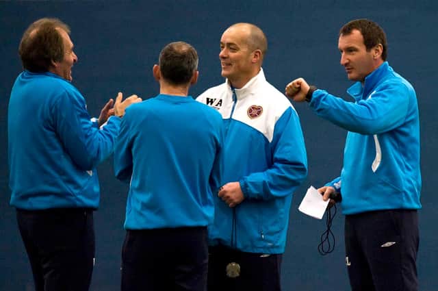 Willie Aitchison, second right, was an academy coach at Hearts when Csaba Laszlo, right, was manager and Werner Burger, left,  was assistant manager.