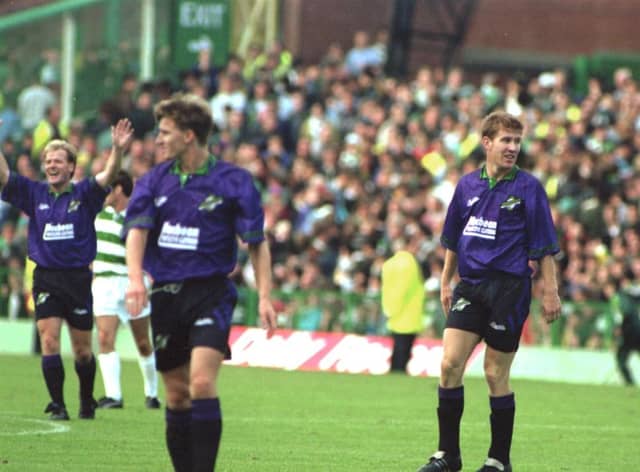 Gareth Evans, foreground, and Keith Wright were on target in a 3-2 win for Hibs at Celtic Park in the early nineties. Picture: TSPL