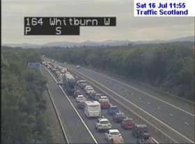 An image released by Traffic Scotland shows the extend of the tailbacks on the M8 in the Bathgate and Whitburn area. PIC: Traffic Scotland/Twitter.