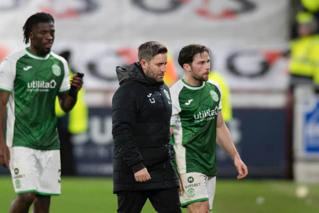 Hibs manager Lee Johnson leaves the pitch at Tynecastle Park following the New Year Edinburgh derby defeat