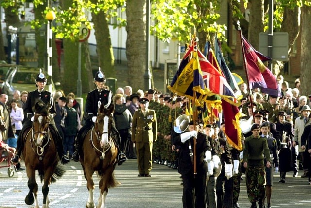 Remembrance Service at the War Memorial on Bennetthorpe,Doncaster,  in 2001 where the parade was en route to St Georges Church