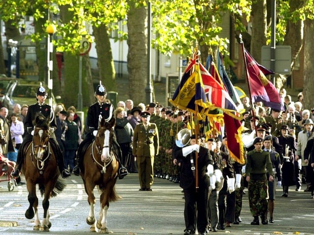 Remembrance Service at the War Memorial on Bennetthorpe,Doncaster, in 2001 where the parade was en route to St Georges Church