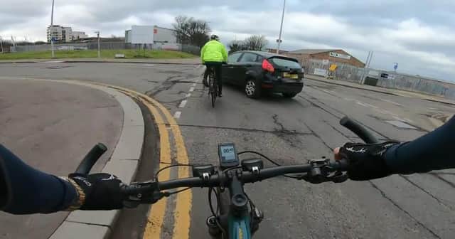 Cyclist's near-miss with car on West Harbour Road, Edinburgh picture: supplied