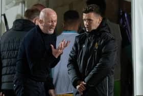 Livingston manager David Martindale complains to the fourth official Nick Walsh during the Premier Sports Cup defeat by Dundee United. Picture: Mark Scates / SNS