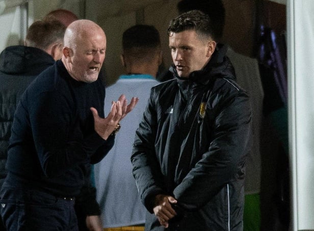 Livingston manager David Martindale complains to the fourth official Nick Walsh during the Premier Sports Cup defeat by Dundee United. Picture: Mark Scates / SNS