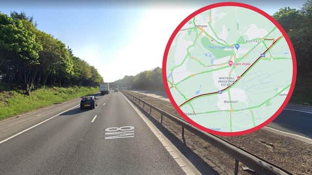 Police are diverting the traffic away from the pothole on the eastbound lane of the M8 near Bathgate (Photo: Traffic Scotland and Google Maps).