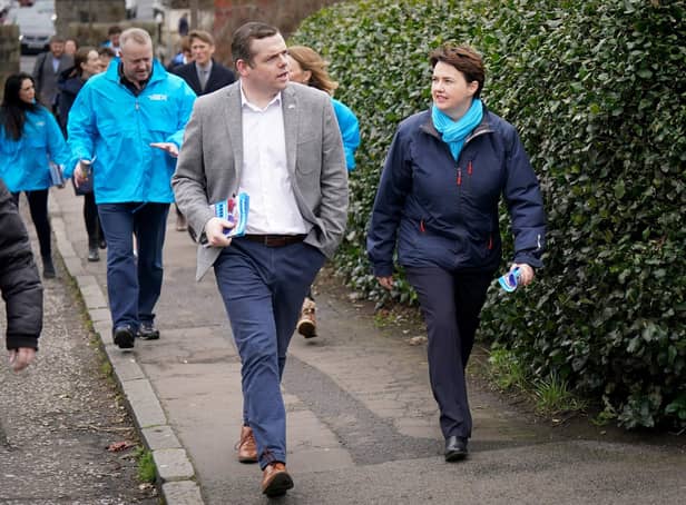 Scottish Conservative leader Douglas Ross and former leader Ruth Davidson, on the campaign trail in Davidson Mains, Edinburgh. Picture: Jane Barlow/PA Wire